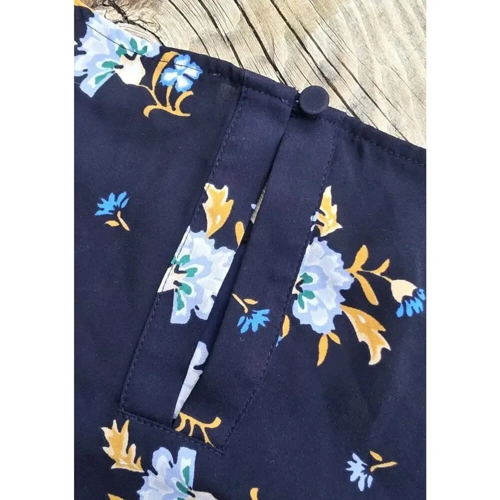 LOFT Floral Lightweight Boho Blouse Size Large L Navy With Flower Balloon Sleeve